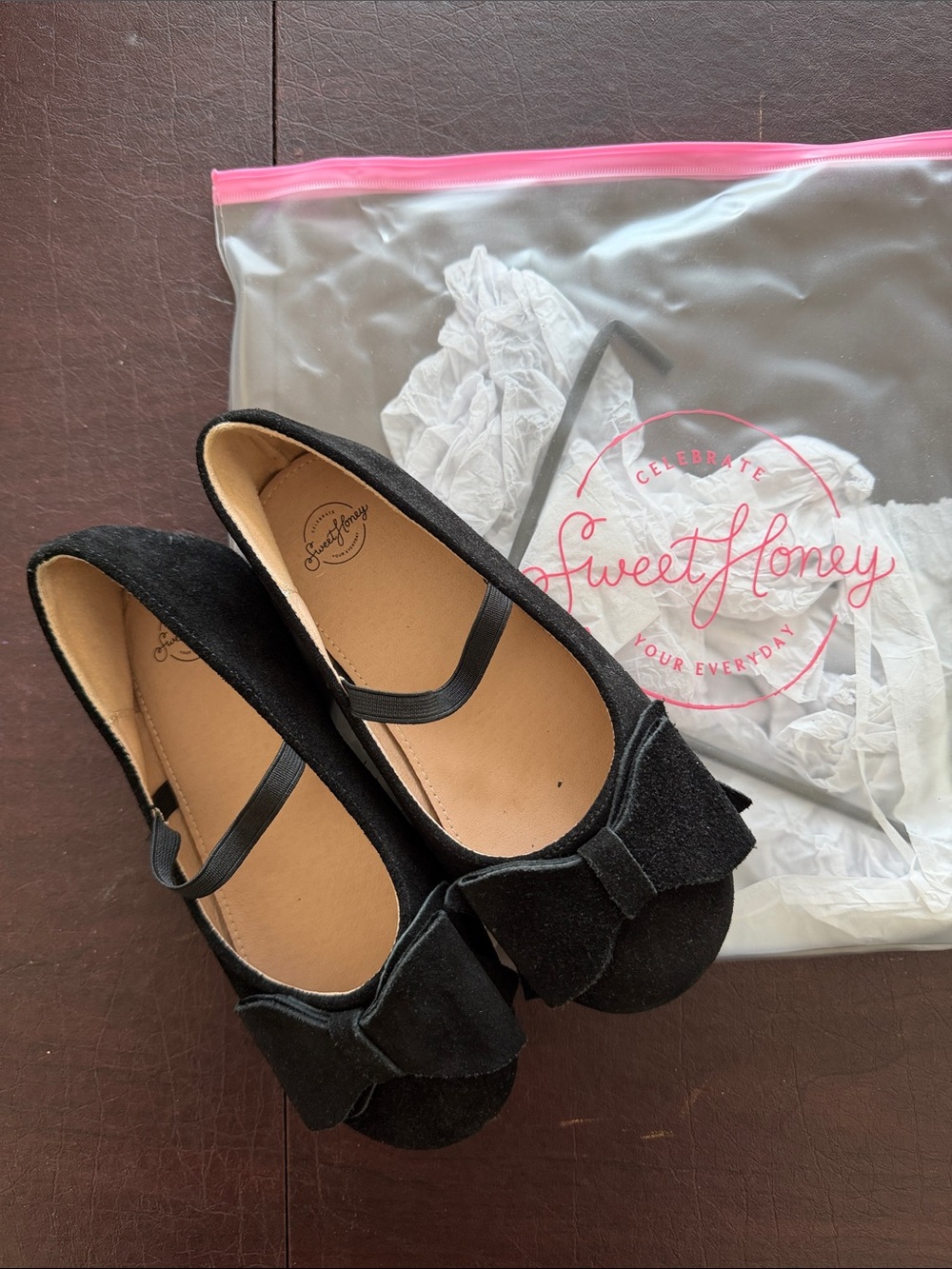 SweetHoney Black Bow Mary Jane Flats with Elastic Strap Girls Size 2Y